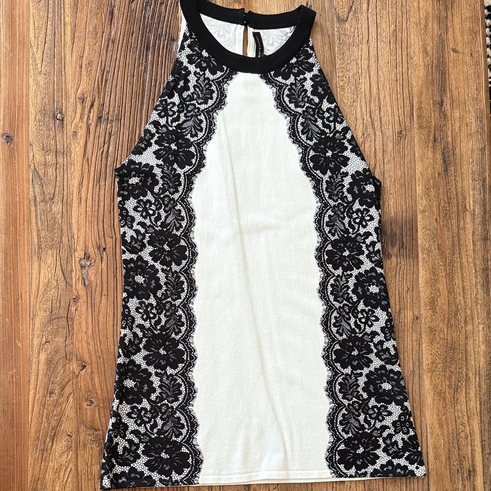 White House Black Market Black Lace and White Halter Blouse